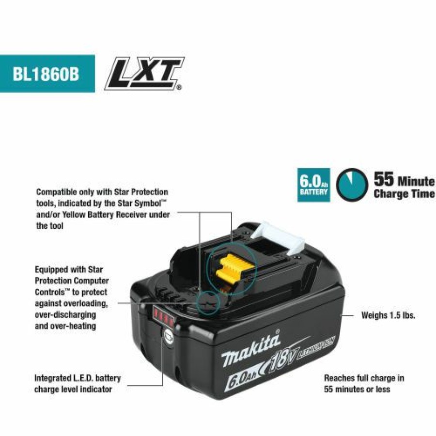 Batteries * | Makita Lxt Power Tool Battery, 6.0Ah, Lithium-Ion, 18V, 55 Min Charge Time